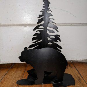 Iron Wilderness Cabin Bear and Tree Shadow Candle Holder 12" high